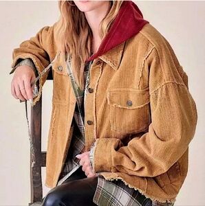 La Miel Camel Corduroy Frayed Shacket NWT
